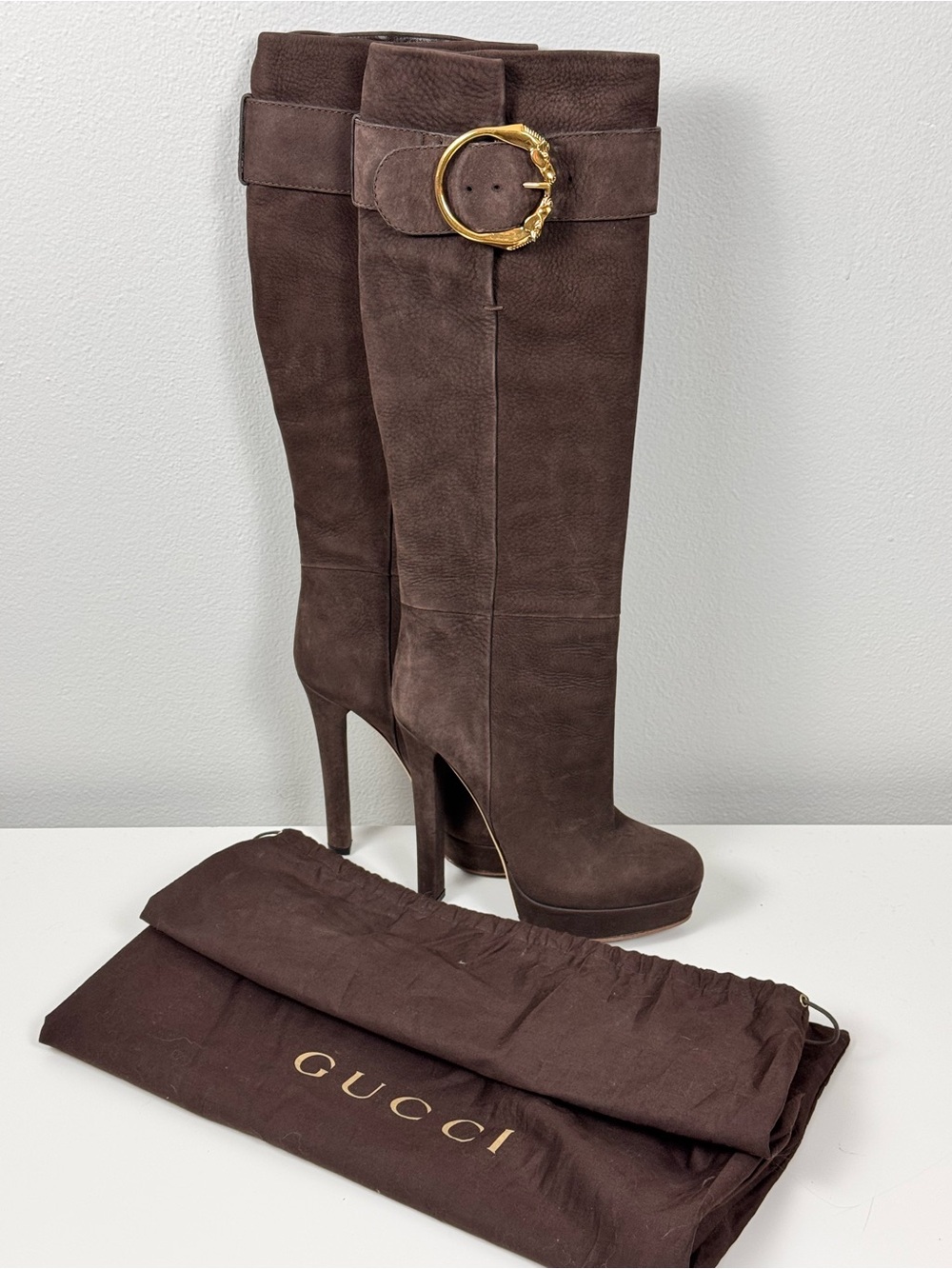 Gucci Brown Suede Horsebit Knee High Platform Stiletto Boots Made in Italy